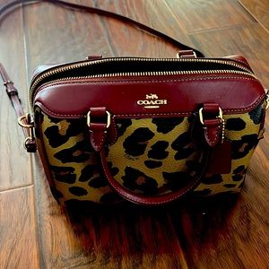 Coach Top Handle Leopard Bag with Burgundy Trim